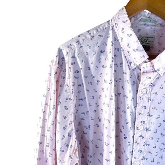 J. Crew "Secret Wash Shirting" Button Down Long Sleeve Pink w/Blue Leaves in XXL - Picture 4 of 10